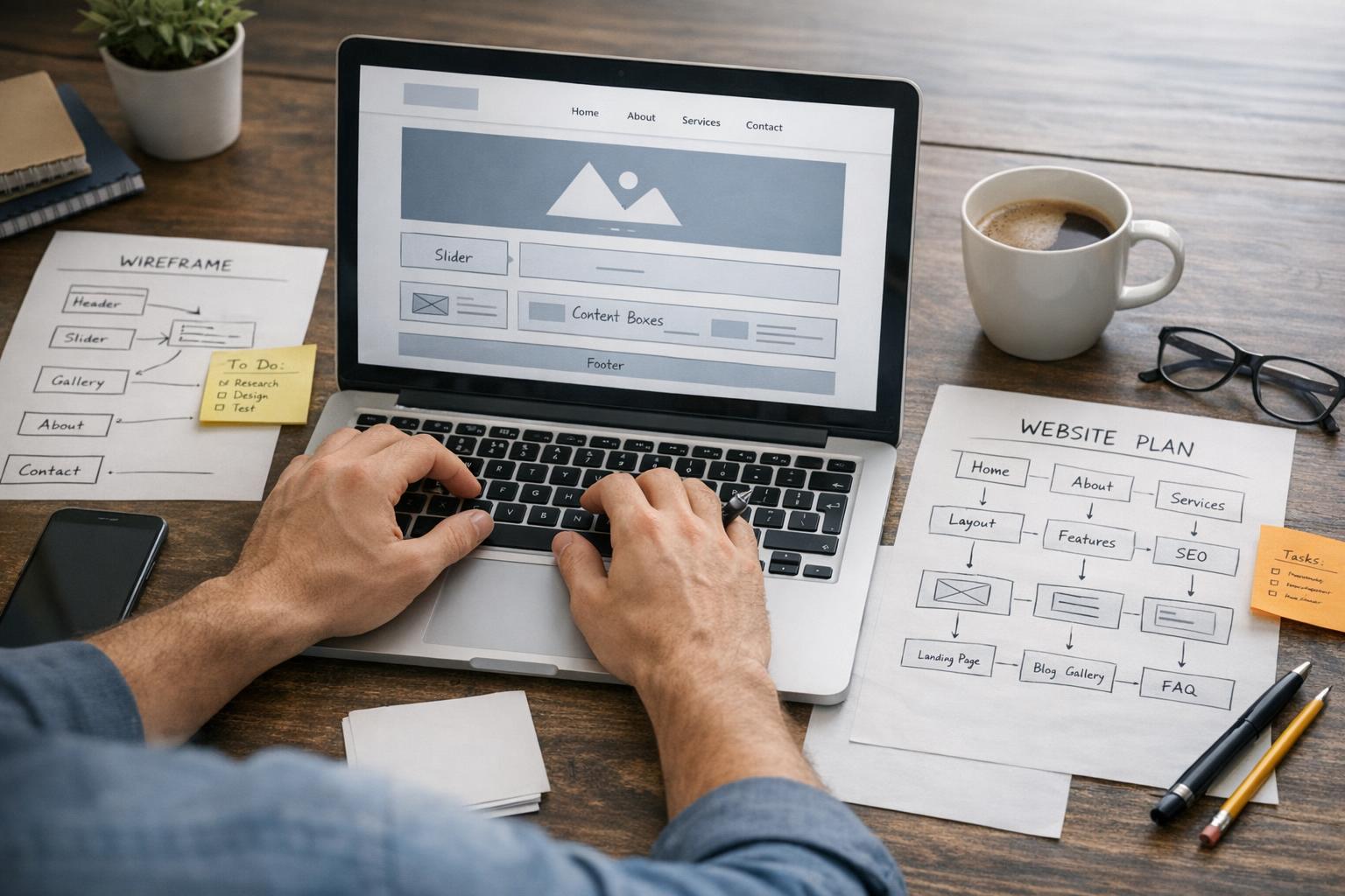Zdjęcie procesu tworzenia strony na laptopie z notatkami i planem projektu