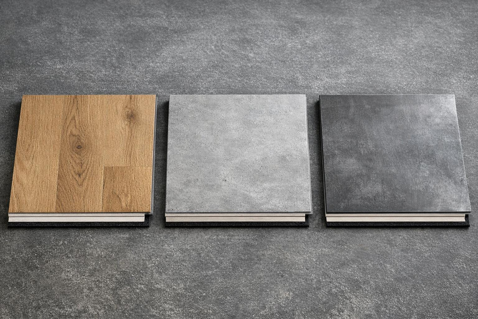 Zdjęcie wzorów wykończeń podłogi technologicznej: drewno, beton, metal