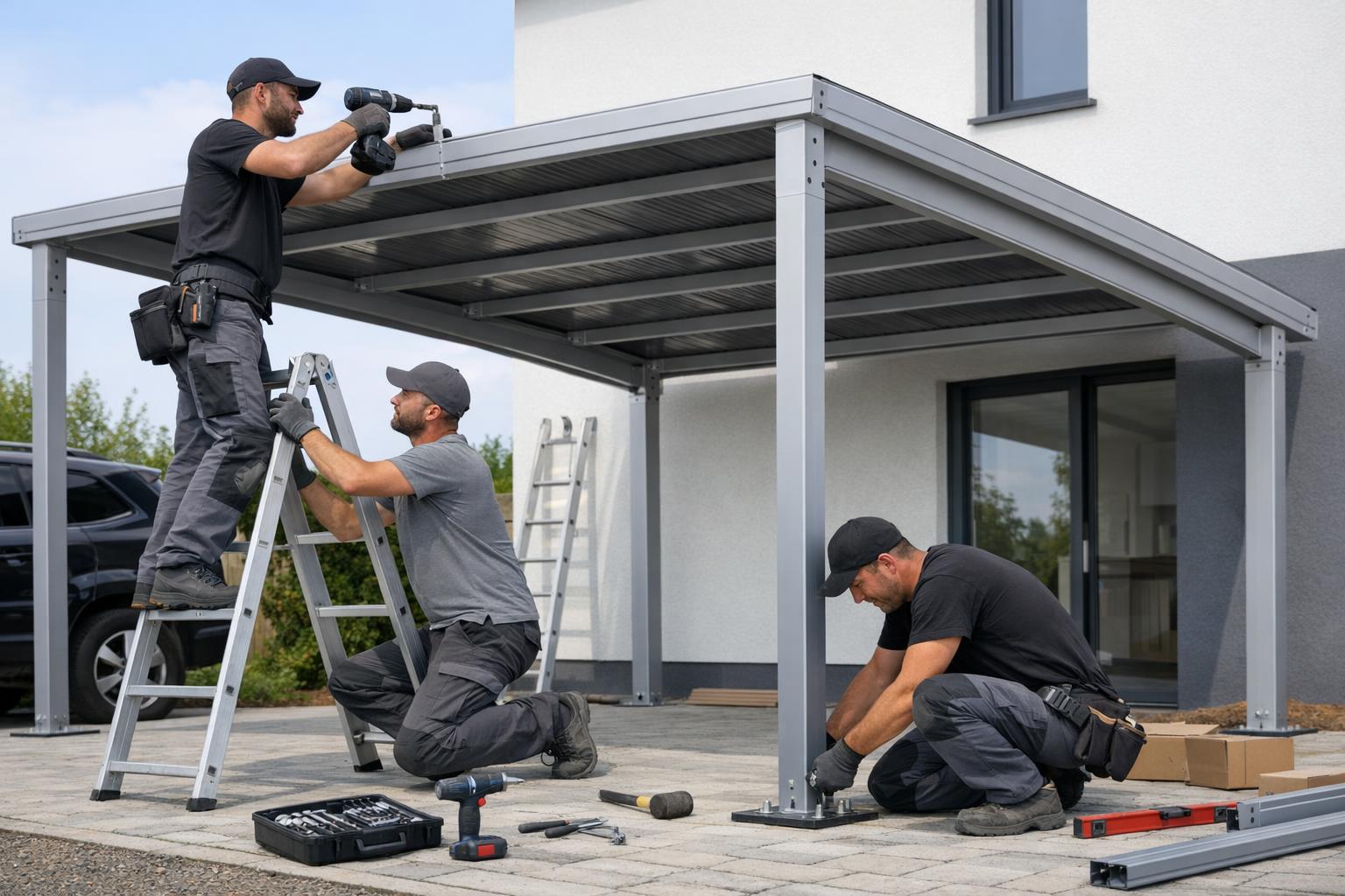 montaż aluminiowej wiaty Carport przez ekipę instalacyjną, zdjęcie instruktażowe